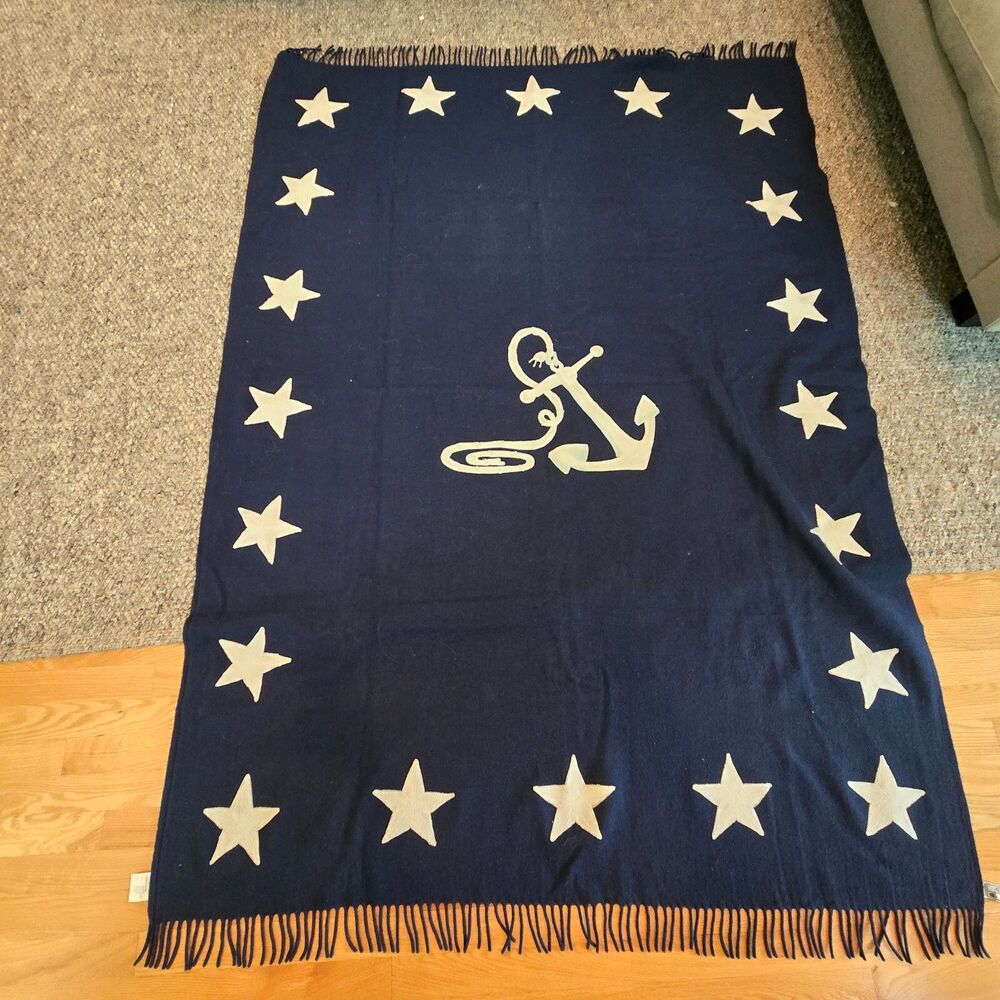 Wool Throw Blanket Chandler 4 Corners 52"x70" Laura Megroz Stars Anchor Nautical